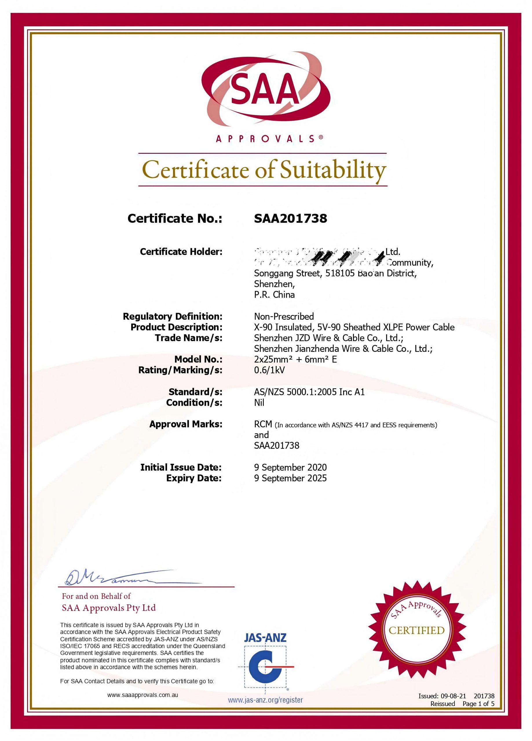 SAA Certificate Summary