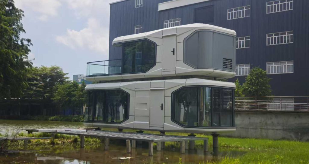 space capsule home used for luxury glamping resort in natural landscape