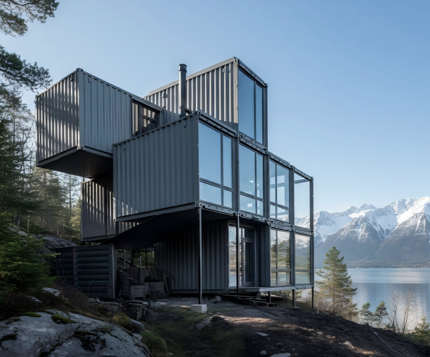 elevated container hotel on steel columns in mountain terrain