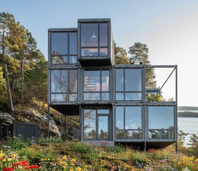 unique container-designed boutique hotel built in mountainous landscape