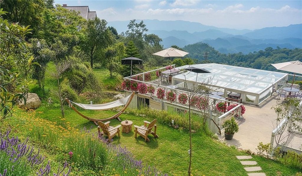 white container structure with panoramic glass walls in mountain restaurant