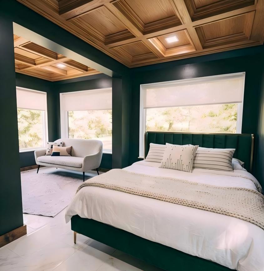 Bedroom inside stacked container house with scenic view