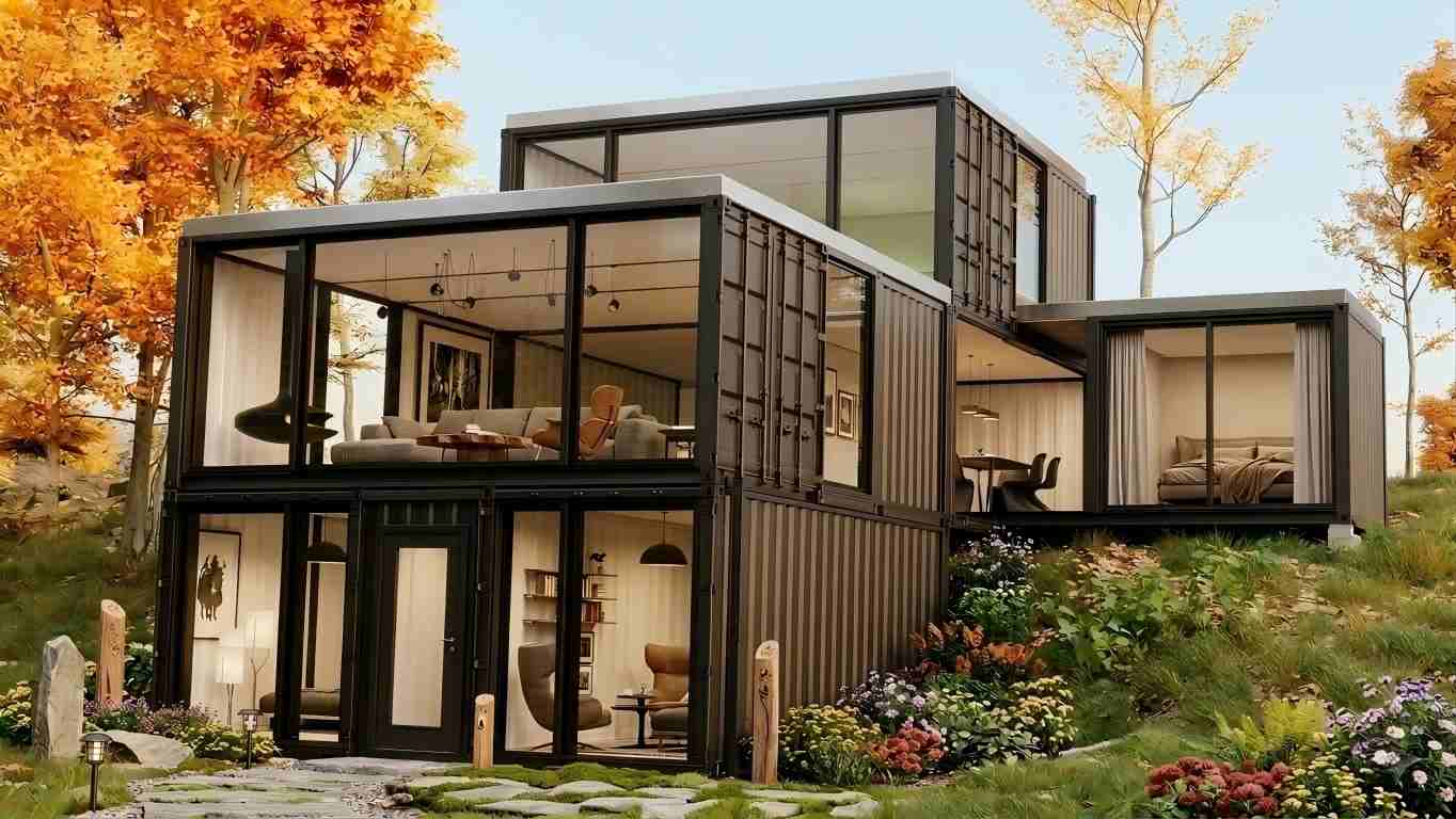Container cabin surrounded by forest with natural landscape