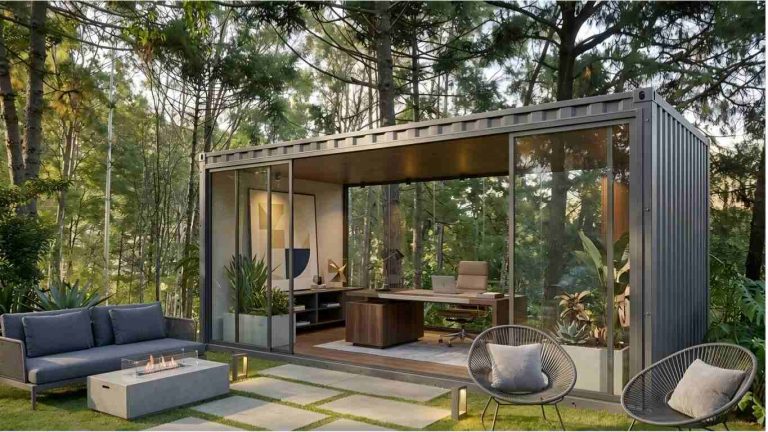 Container garden studio surrounded by greenery and natural landscape