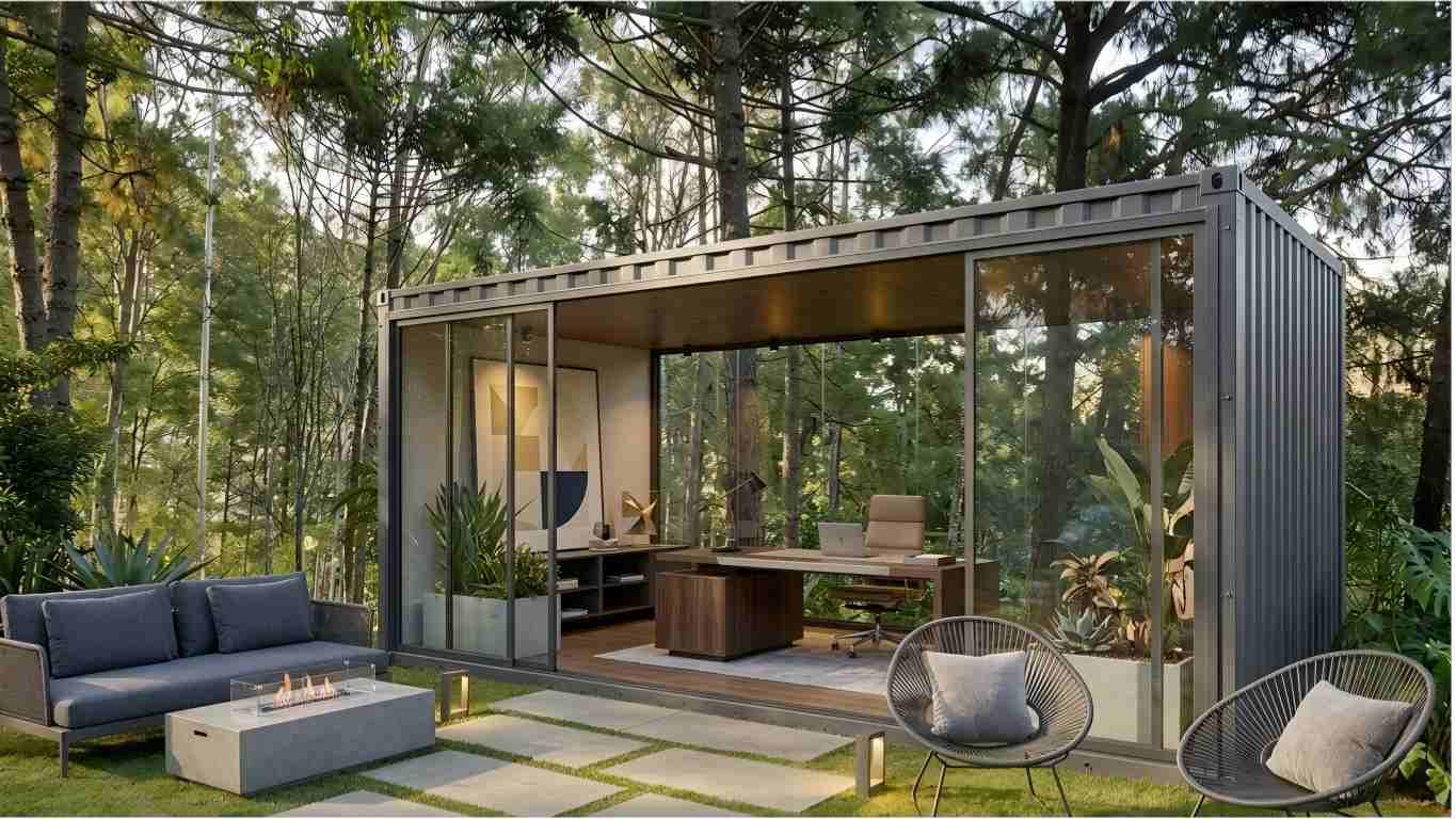 Container garden studio surrounded by greenery and natural landscape