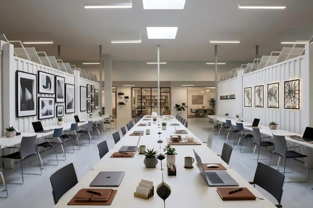 Container office modules separating study area and creative studio inside warehouse