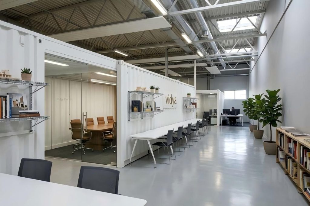 Industrial steel warehouse architecture integrated with container office modules