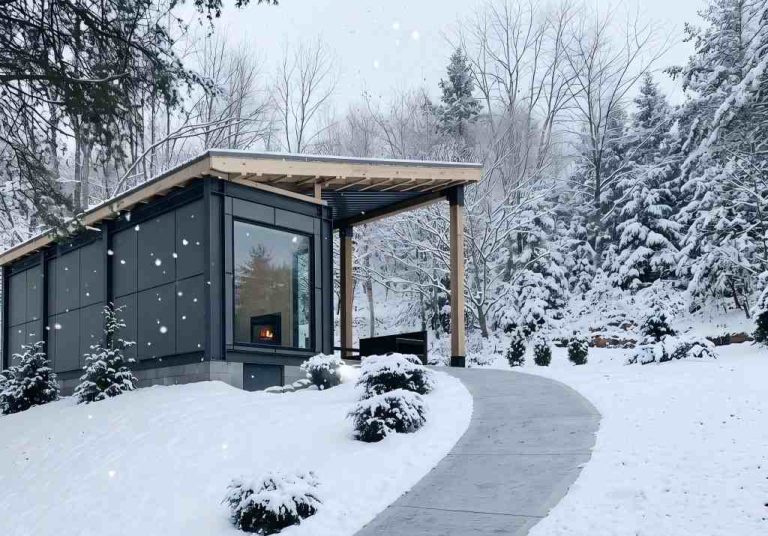 Modular container cabin installed in snowy forest landscape
