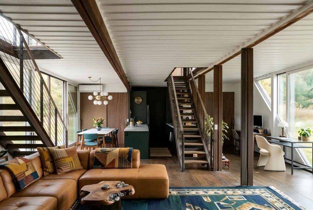 Open-plan living room and kitchen inside container house with diagonal glass window