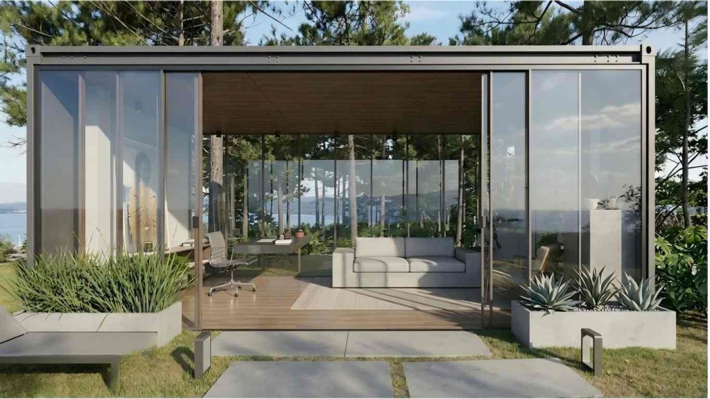 Portable container garden office installed in backyard