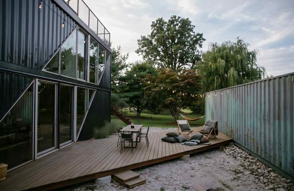Prefabricated container home with wooden deck terrace surrounded by greenery