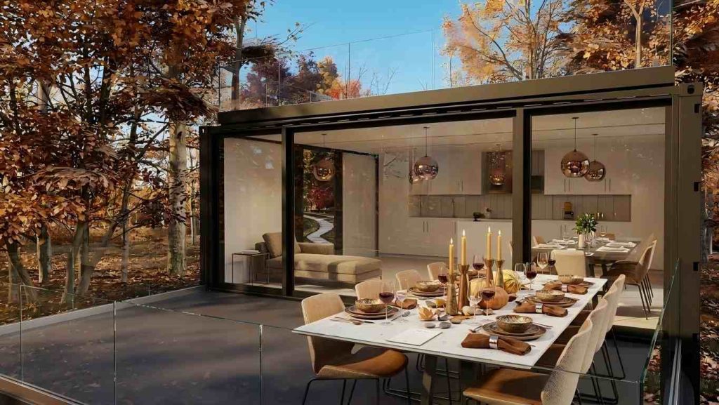 Rooftop terrace on container cabin overlooking forest