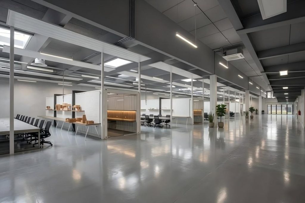 Steel structure warehouse interior with modular container offices