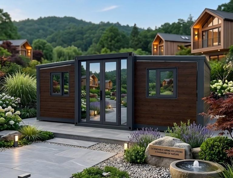 Expandable folding container house exterior with modern two-bedroom modular design
