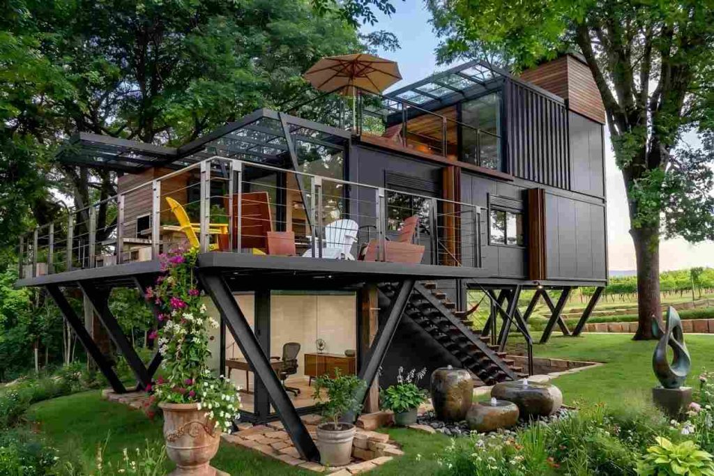 Luxury elevated steel structure container house in forest camping resort