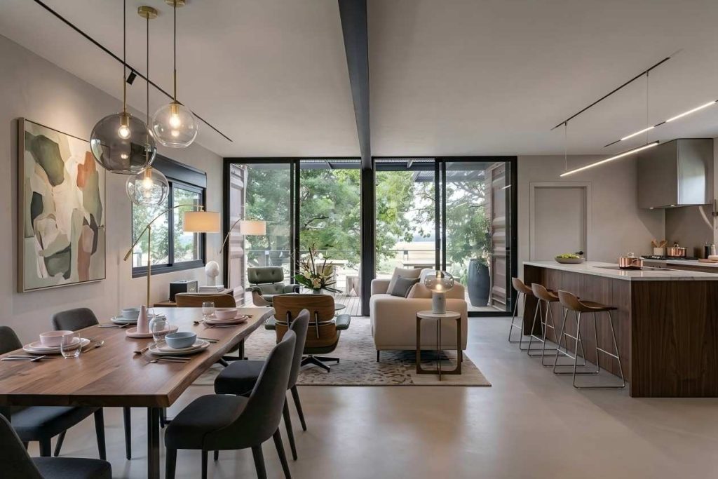 Modern container house interior with panoramic glass windows