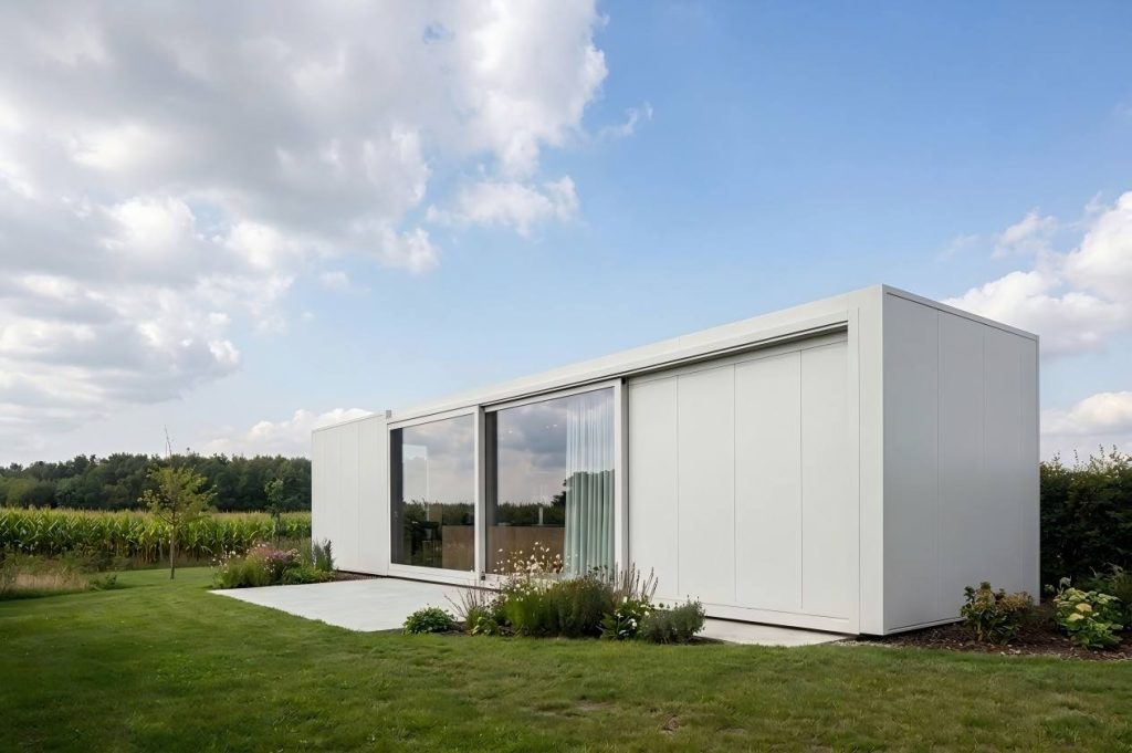 Modern natural space container office interior with panoramic countryside view and wooden workspace design