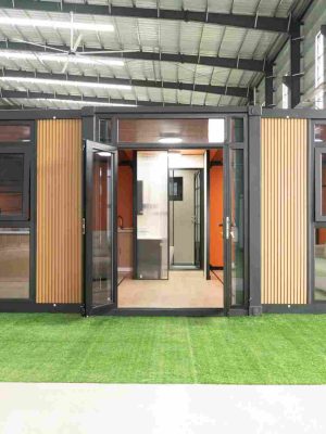 20-foot expandable container with a wood-look exterior and glass walls
