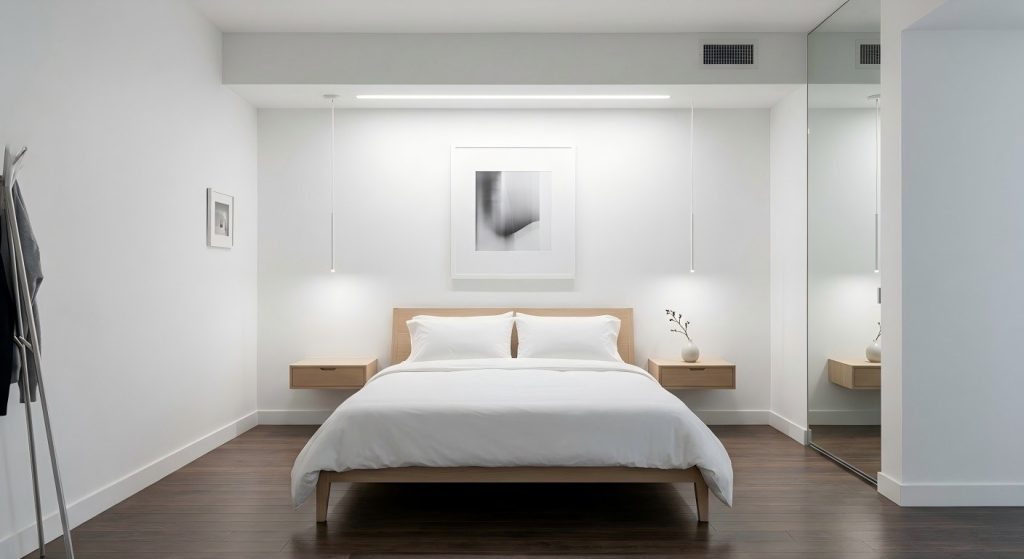 Luxury bedroom inside a steel structure container resort villa with minimalist modern interior design