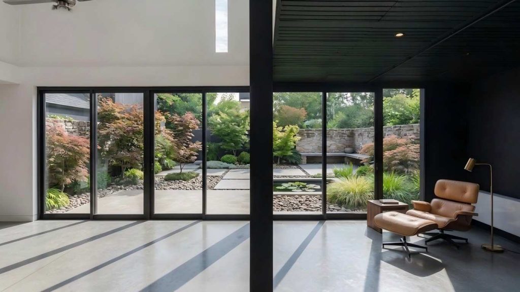 Minimalist modular container house interior with courtyard landscape desig