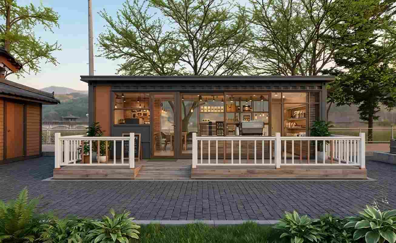 Modern Shipping Container Coffee Shop with Glass Façade and Wooden Terrace