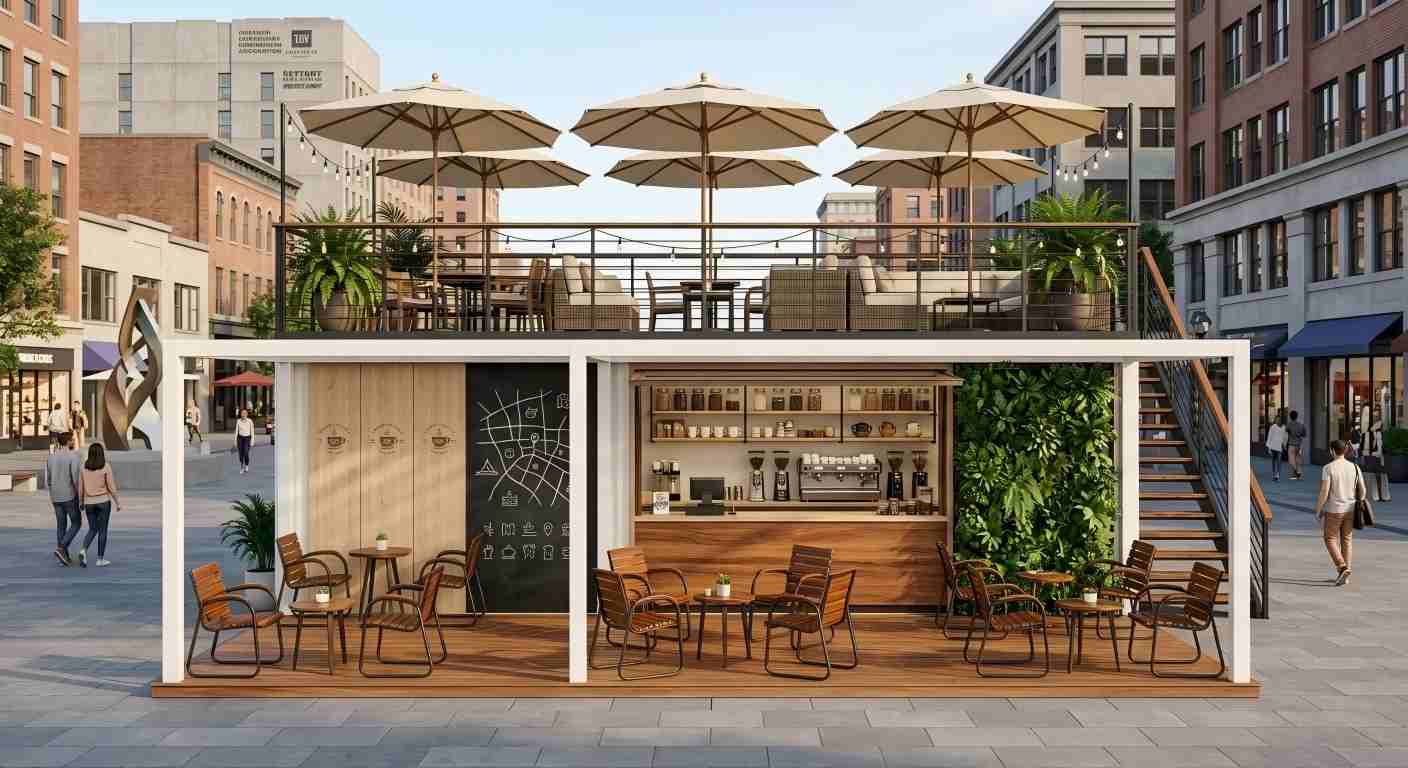 Modern two-story detachable container coffee shop with rooftop terrace in urban commercial street