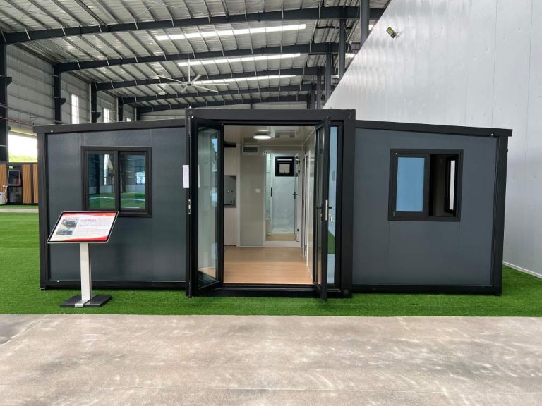 Showcase of a finished 20-foot expandable container home with a bathroom and living room.