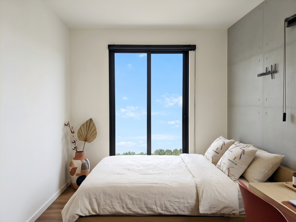 Luxury sea view container house bedroom with panoramic sliding glass door