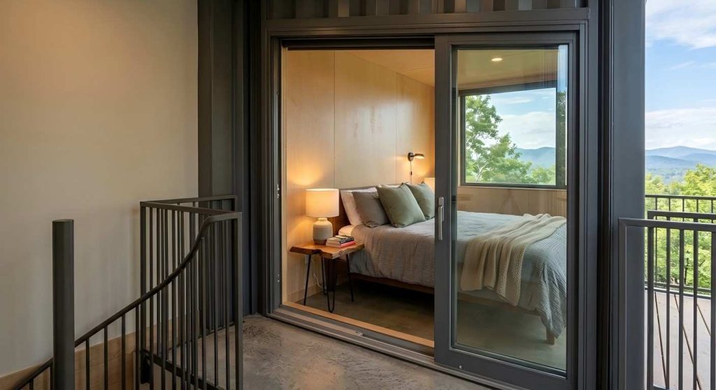 Modern container villa bedroom with balcony and floor-to-ceiling windows overlooking nature