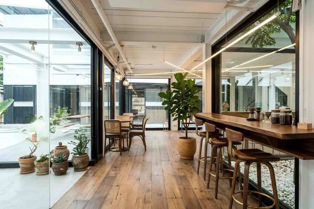 Modern modular container coffee shop interior with wooden counter and large glass windows