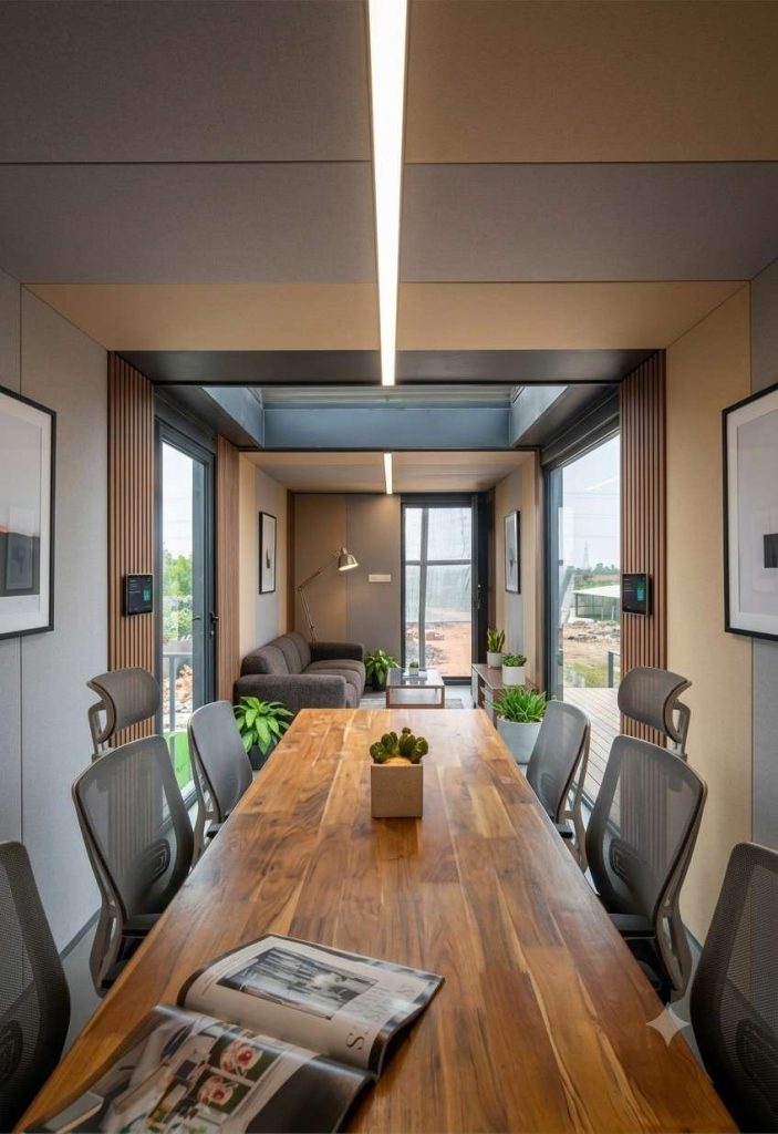 Modern modular container conference room with steel structure office building interior and wooden meeting table