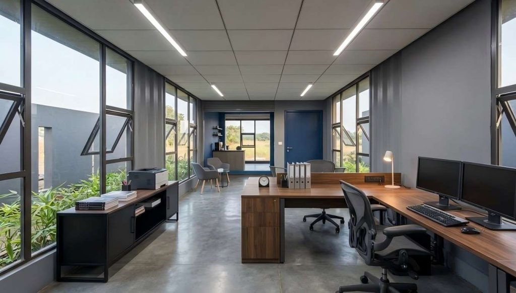 Open-plan container office interior with large windows and modern workspace design