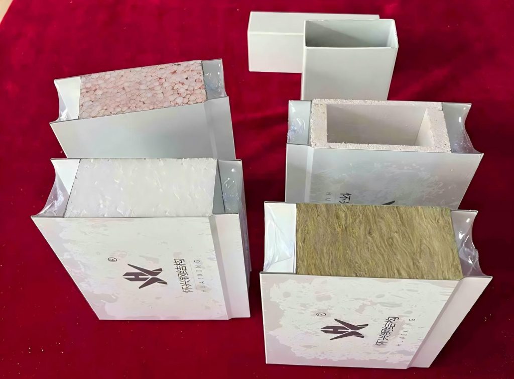 Galvanized steel insulated sandwich panel samples with rock wool, EPS, polyurethane and glass wool cores for container houses